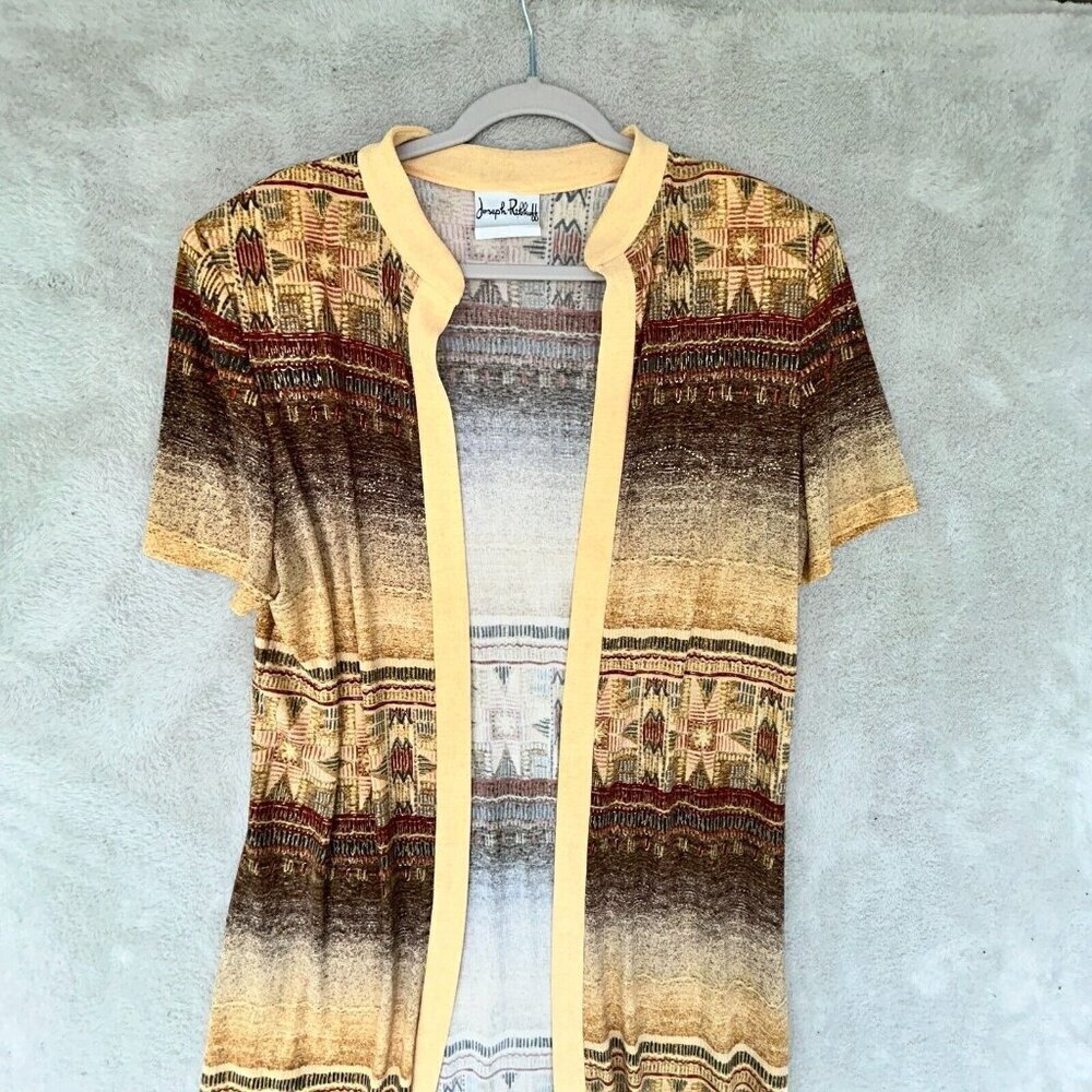 Joseph Ribkoff Gold Brown Ochre Foil Detail Short Sleeve Maxi Duster Chest 40"
